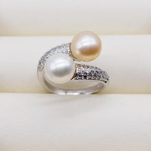 Load image into Gallery viewer, Double pearl ring. Round freshwater pearls. 925 sterling silver. Adjustable. Zircon women's pearl ring. engagement ring