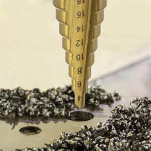 Load image into Gallery viewer, 3pc Hss step drill bit set cone hole cutter Taper metric 4 - 12 / 20mm 1 / 4 "titanium coated metal hex core drill bits