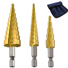 Load image into Gallery viewer, 3pc Hss step drill bit set cone hole cutter Taper metric 4 - 12 / 20mm 1 / 4 "titanium coated metal hex core drill bits