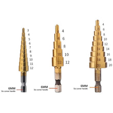 Load image into Gallery viewer, 3pc Hss step drill bit set cone hole cutter Taper metric 4 - 12 / 20mm 1 / 4 "titanium coated metal hex core drill bits
