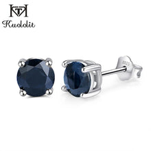 Load image into Gallery viewer, Kuololit Deep Dark Blue Natural Sapphire Gemstone Stud Earrings for Women Solid 925 Sterling Silver Round Wedding Jewelry Gift