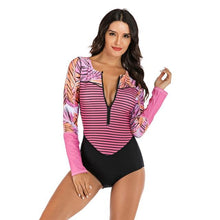 Load image into Gallery viewer, Long Sleeve Rash Guard Women Print Swimwear Zipper One Piece Swimsuit Black Surfing Suit Pad Bathing Suits UV Protect Beachwear
