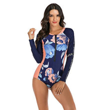 Load image into Gallery viewer, Long Sleeve Rash Guard Women Print Swimwear Zipper One Piece Swimsuit Black Surfing Suit Pad Bathing Suits UV Protect Beachwear
