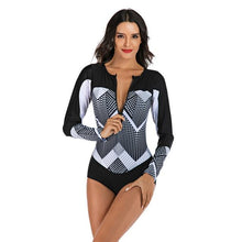 Load image into Gallery viewer, Long Sleeve Rash Guard Women Print Swimwear Zipper One Piece Swimsuit Black Surfing Suit Pad Bathing Suits UV Protect Beachwear