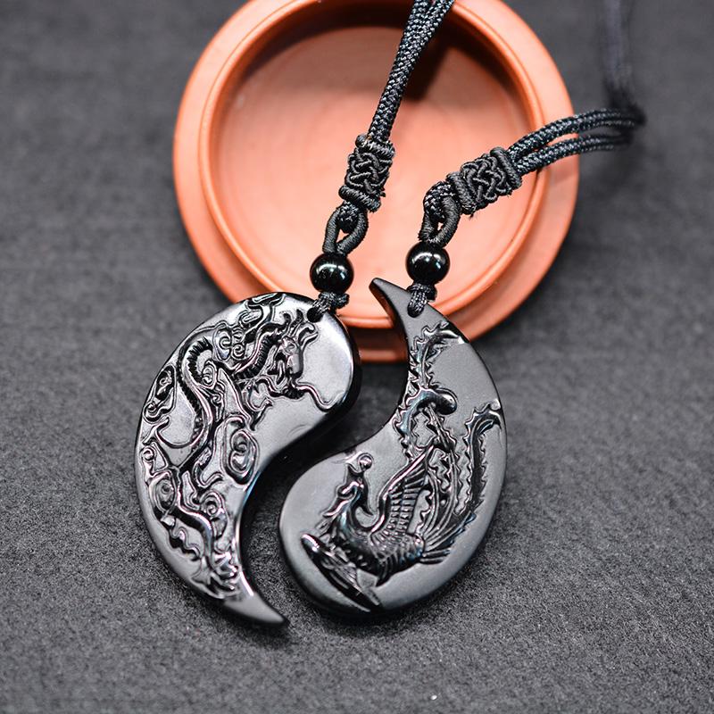 1 Set Obsidian Carving Dragon and Phoenix Necklace Pendant YIN YANG Pendant Necklace Obsidian Lucky Pendants