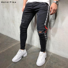 Load image into Gallery viewer, 2019 Knee Hole Side Zipper Slim Distressed Jeans Men Ripped tore up streetwear  For Men slim stripe pants
