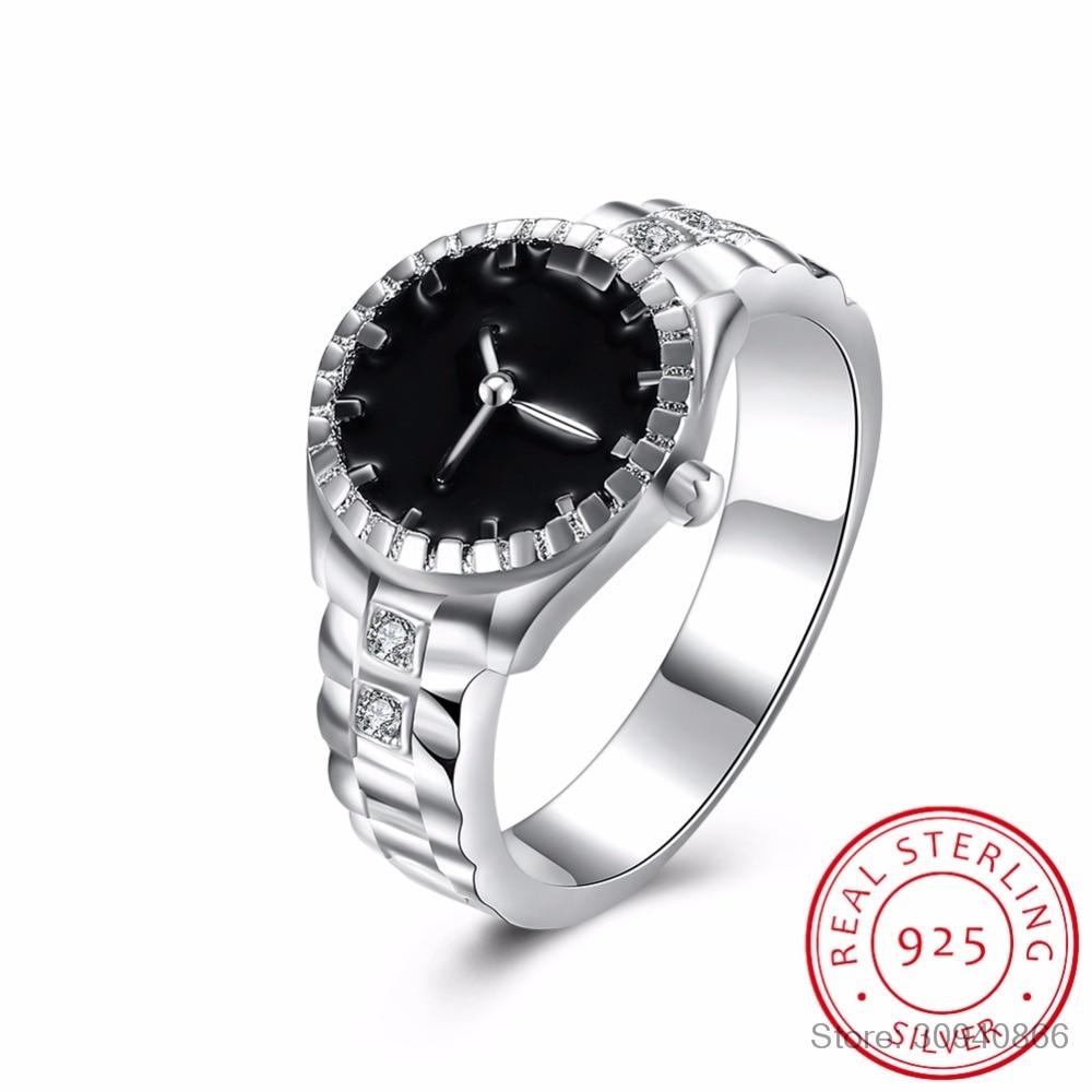 2019 New  925 Sterling Silver Watching Shape Black Enamel Fine Jewelry Wedding Finger Ring for Women Anel Feminino