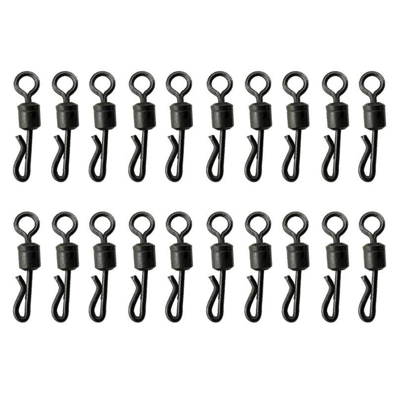 20pcs Matte Black Rolling Quick Change Swivels With Solid Ring Carp Rigs Long Body Q-shaped Swing Snap Carp Fishing Accessories