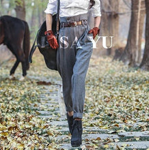 Load image into Gallery viewer, AIGYPTOS Spring Autumn Woolen High Waist Women England Style Stripe Slim Skinny Pants Casual Ankle Length Trousers
