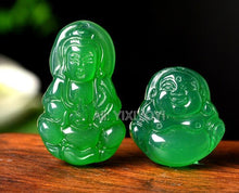 Load image into Gallery viewer, Beautiful Handwork Natural Green Agate Jade Carved GuanYin Buddha Pairs Blessing Lucky Pendant + Rope Necklace Fine Jewelry
