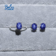 Load image into Gallery viewer, Created starlight sapphire jewelry set earrings and ring with 925 sterling silver fine jewelry for girl bolaijewelry promotion
