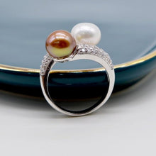 Load image into Gallery viewer, Double pearl ring. Round freshwater pearls. 925 sterling silver. Adjustable. Zircon women's pearl ring. engagement ring
