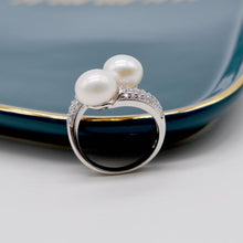 Load image into Gallery viewer, Double pearl ring. Round freshwater pearls. 925 sterling silver. Adjustable. Zircon women's pearl ring. engagement ring
