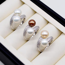 Load image into Gallery viewer, Double pearl ring. Round freshwater pearls. 925 sterling silver. Adjustable. Zircon women's pearl ring. engagement ring
