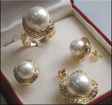 Load image into Gallery viewer, Free shipping 10mm &amp;14mm White South sea Shell Pearl Earrings Necklace Ring Set AAA style Fine Noble real Natural
