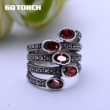 Load image into Gallery viewer, GQTORCH Natural Gemstone Wide Rings For Women Red Garnet Stone Real Pure 925 Sterling Silver Jewelry Marcasite Multi Layer Ring
