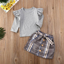 Load image into Gallery viewer, 2020 Kids Baby Girl Autumn Winter Clothes Sets Solid Fly-Sleeve Pullover Tops Plaid Bowknot Skirts Outfit Set
