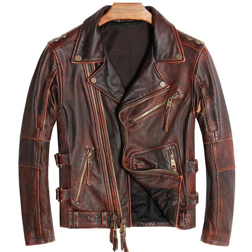 2020 Vintage Brown American Men Biker's Leather Jacket Plus Size XXXXL Genuine Thick Cowhide Autumn Slim Fit Motorcycle Coat