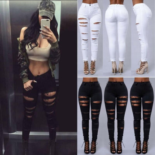 2019 Skinny Jeans Women Denim Holes Pants Destroyed Pencil Pants High Waist Casual Trousers Black White Stretchy Ripped Jeans