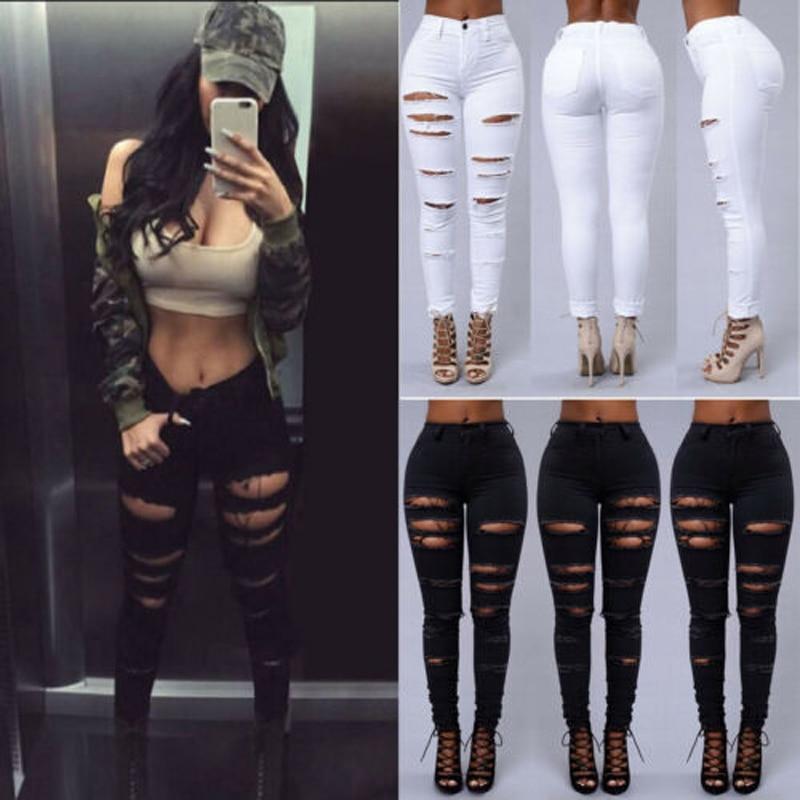 2019 Skinny Jeans Women Denim Holes Pants Destroyed Pencil Pants High Waist Casual Trousers Black White Stretchy Ripped Jeans