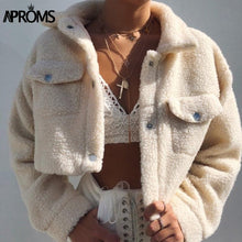 Load image into Gallery viewer, Aproms Elegant Solid Color Cropped Teddy Jacket Women Front Pockets Thick Warm Coat Autumn Winter Soft Short Jackets Female 2019
