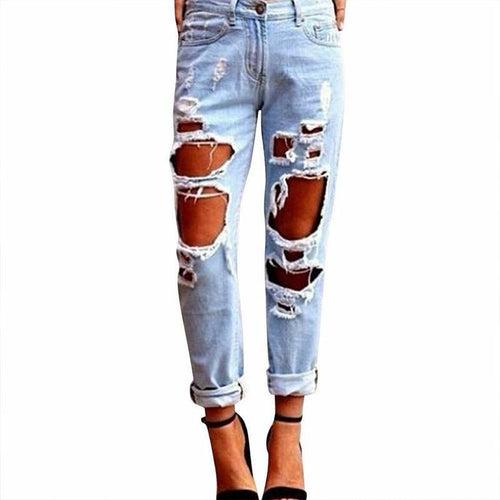 2019 Newest Style Women's Sexy Women's Summer Waist High Pants Jeans Destroyed Torn Cool Slim Pants Jeans Blue Pants