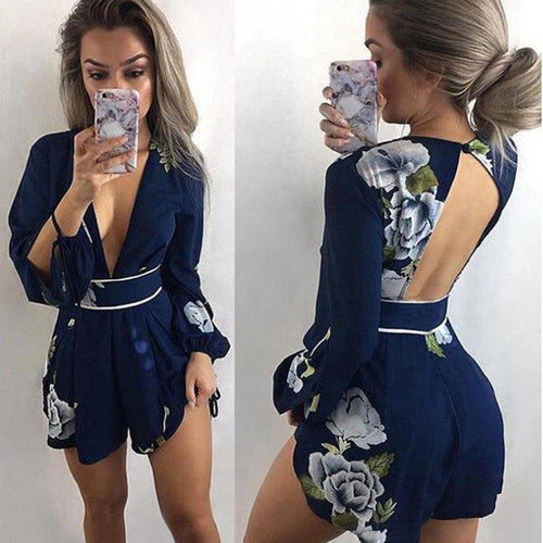 2019 Sexy V Neck Backless Summer Playsuit Women Fashion Printed Casual Summer Short Romper One Piece Long Sleeve Shorts Jumpsuit