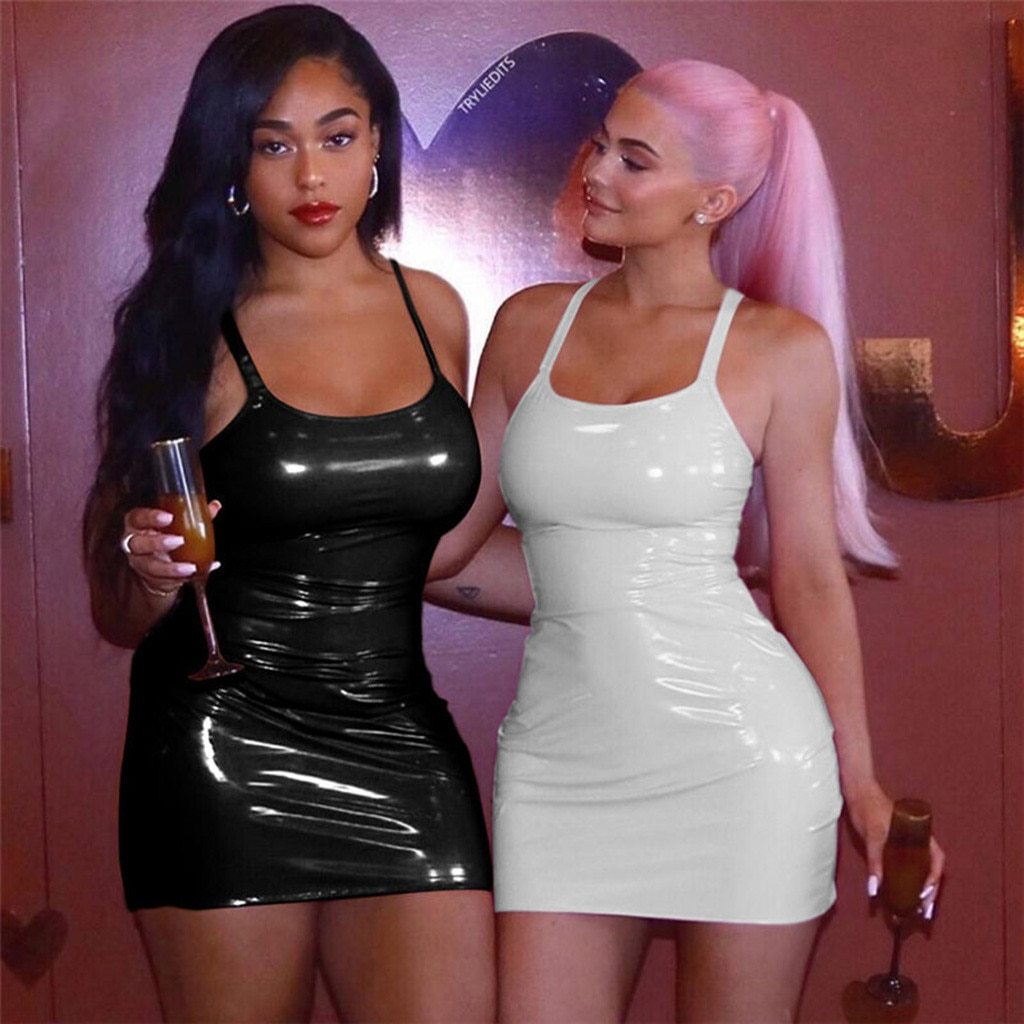 2019 Women's Leather Short Dress Bodycon Soft Faux Leather Night Club Dress Sexy Slim Retro Short Mini Dress vestido de festa