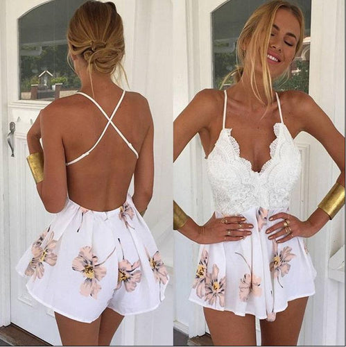 2016 Summer Lace Rompers Women Jumpsuit New Fashion Retro V-neck Floral Print Fitted Jumpsuit Straps Short Overalls Bodysuit