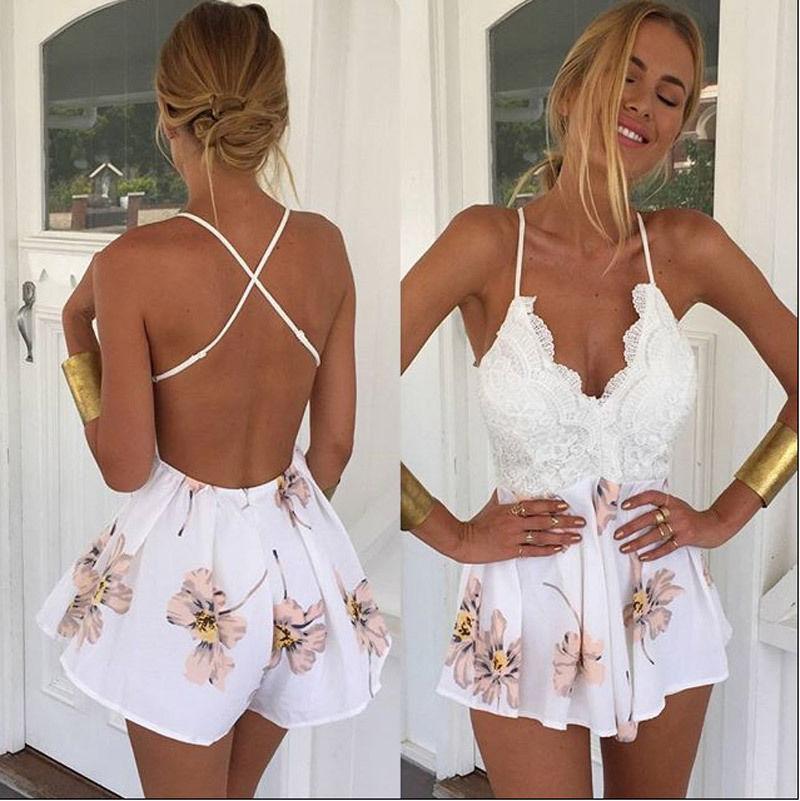 2016 Summer Lace Rompers Women Jumpsuit New Fashion Retro V-neck Floral Print Fitted Jumpsuit Straps Short Overalls Bodysuit