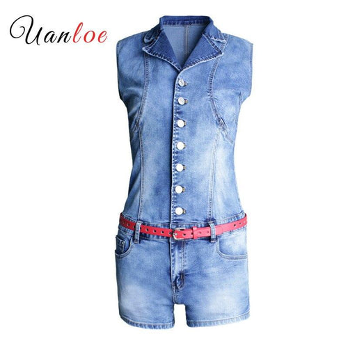 20108 Summer Sexy Denim Playsuit With Belt Women`s Plus Size Stretch Skinny Jumpsuit Shorts For Women Denim Overalls