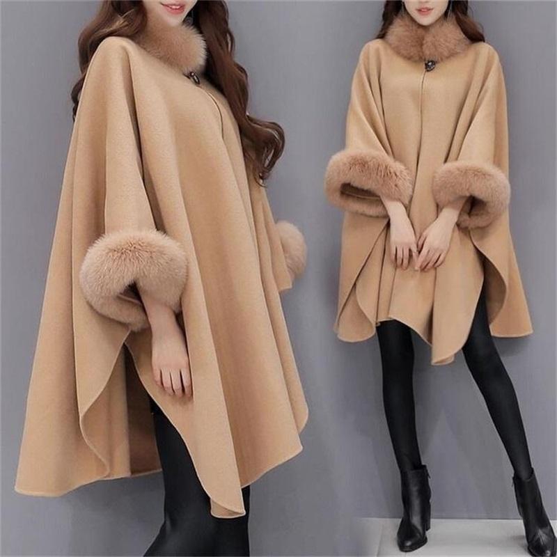 2019 Winter Womens Cloak Big Fur Collar Plus Size Wool Coat Long Winter Jackets Parka Coats Outerwear
