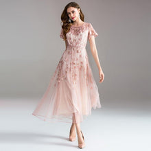 Load image into Gallery viewer, High-quality long dress embroidery large swing dress dress ladies elegant temperament round neck short-sleeved ladies dresses
