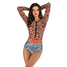 Load image into Gallery viewer, Long Sleeve Rash Guard Women Print Swimwear Zipper One Piece Swimsuit Black Surfing Suit Pad Bathing Suits UV Protect Beachwear

