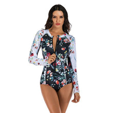 Load image into Gallery viewer, Long Sleeve Rash Guard Women Print Swimwear Zipper One Piece Swimsuit Black Surfing Suit Pad Bathing Suits UV Protect Beachwear
