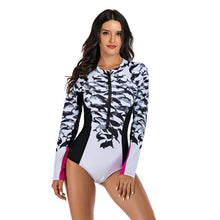 Load image into Gallery viewer, Long Sleeve Rash Guard Women Print Swimwear Zipper One Piece Swimsuit Black Surfing Suit Pad Bathing Suits UV Protect Beachwear
