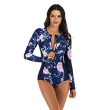 Load image into Gallery viewer, Long Sleeve Rash Guard Women Print Swimwear Zipper One Piece Swimsuit Black Surfing Suit Pad Bathing Suits UV Protect Beachwear
