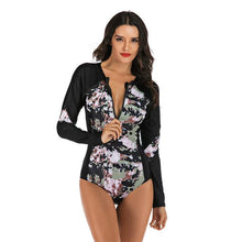 Load image into Gallery viewer, Long Sleeve Rash Guard Women Print Swimwear Zipper One Piece Swimsuit Black Surfing Suit Pad Bathing Suits UV Protect Beachwear
