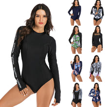 Load image into Gallery viewer, Long Sleeve Rash Guard Women Print Swimwear Zipper One Piece Swimsuit Black Surfing Suit Pad Bathing Suits UV Protect Beachwear
