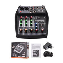 Load image into Gallery viewer, Muslady AI-4 Audio Mixer Compact Sound Card Mixing Console Digital BT MP3 USB Input +48V Phantom Power for Music recording DJ
