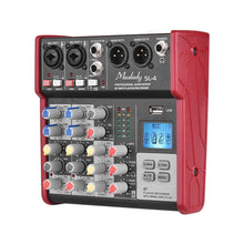 Load image into Gallery viewer, Muslady SL-4 4-Channel Mixing Console Sound Mixer 2-band EQ Built-in 48V Phantom Power Supports BT Connection USB MP3 Player

