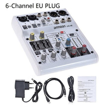 Load image into Gallery viewer, ammoon 6-Channel Audio Mixer Digital Mixing Console Built-in 48V Phantom Power Powered by 5V Power Bank with Adapter USB Cables
