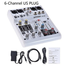 Load image into Gallery viewer, ammoon 6-Channel Audio Mixer Digital Mixing Console Built-in 48V Phantom Power Powered by 5V Power Bank with Adapter USB Cables

