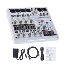 Load image into Gallery viewer, ammoon 6-Channel Audio Mixer Digital Mixing Console Built-in 48V Phantom Power Powered by 5V Power Bank with Adapter USB Cables
