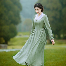 Load image into Gallery viewer, vestido Spring Autumn Women Vintage V-Neck Long Sleeve Elegant Slim Linen Princess Laciness Light Green Long Dress sukienki
