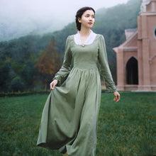 Load image into Gallery viewer, vestido Spring Autumn Women Vintage V-Neck Long Sleeve Elegant Slim Linen Princess Laciness Light Green Long Dress sukienki
